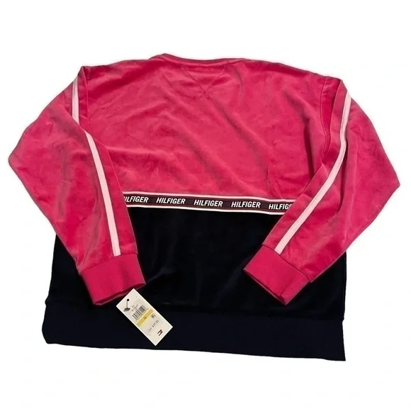 Women’s TOMMY HILFIGER Sport Pink and Black Velour Crewneck Sweatshirt Top NWT - Picture 6 of 6